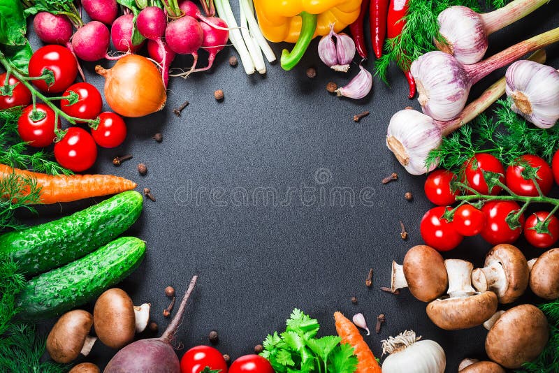 Beautiful background healthy organic eating. Studio photography the frame of different vegetables and mushrooms on vintage table with free space for you text. Beautiful background healthy organic eating. Studio photography the frame of different vegetables and mushrooms on vintage table with free space for you text