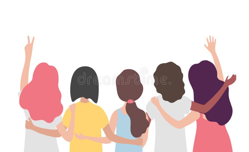 Verschillende internationale groep vrouwen of meisjes die samenknuffelen Sisterhood, vrienden, vereniging van feministen, eveneme