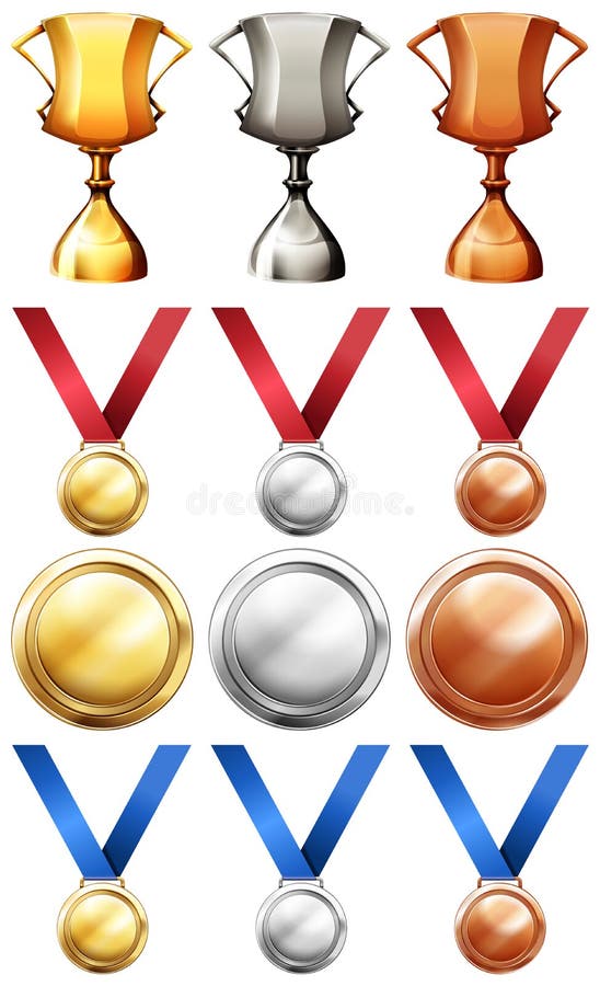 Verschillende sporttrofeeën en medailles stock illustratie Verschillende sporttrofeeën en medailles stock illustratie