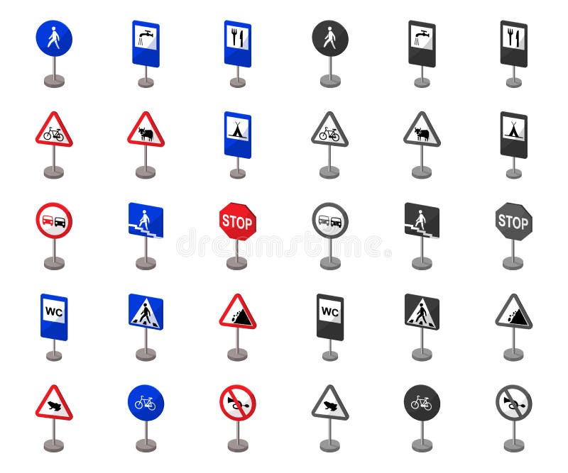Verschillende types van verkeerstekenbeeldverhaal, monopictogrammen in vastgestelde inzameling voor ontwerp Waarschuwing en verbo stock illustratie Verschillende types van verkeerstekenbeeldverhaal, monopictogrammen in vastgestelde inzameling voor ontwerp Waarschuwing en verbo stock illustratie