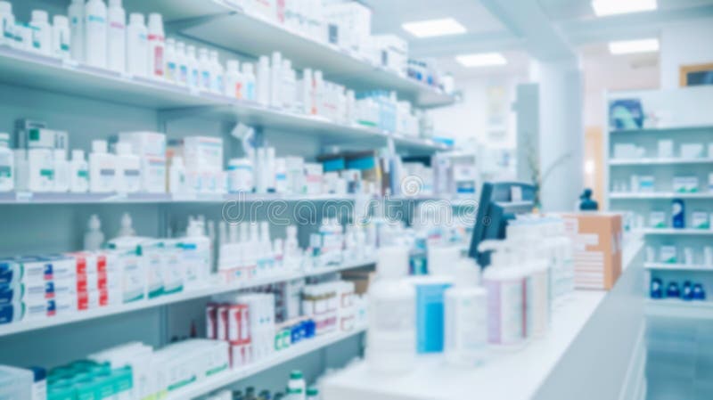 Verschwommener Hintergrund mit heller Apotheke lizenzfreie stockbilder