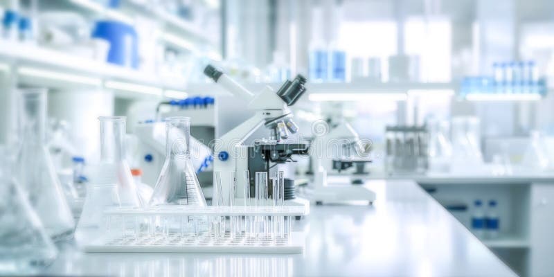 Verschwommener Hintergrund mit modernem Labor mit Mikroskopen und wissenschaftlicher Ausrüstung stockbild