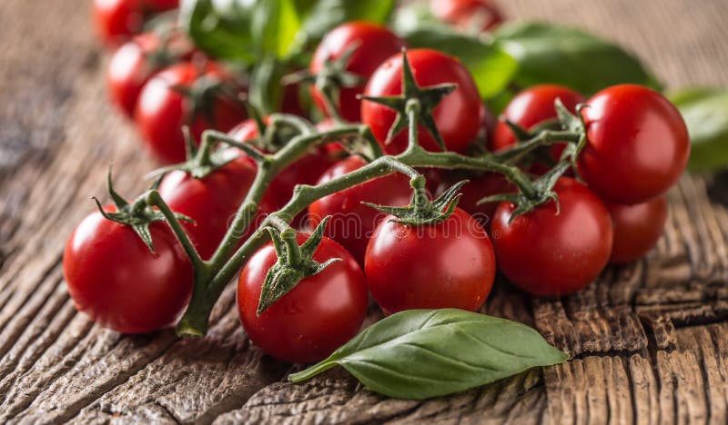 Verse bos van rijpe tomaten met basilicumbladeren op oude eiken lijst stock foto's Verse bos van rijpe tomaten met basilicumbladeren op oude eiken lijst stock foto's