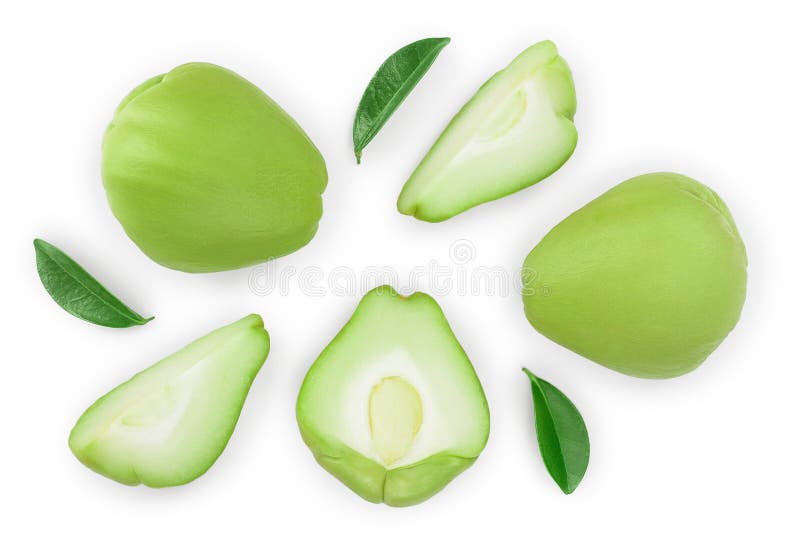 Verse Chayote groente die op witte achtergrond wordt ge?soleerd Hoogste mening Vlak leg stock afbeeldingen Verse Chayote groente die op witte achtergrond wordt ge?soleerd Hoogste mening Vlak leg stock afbeeldingen