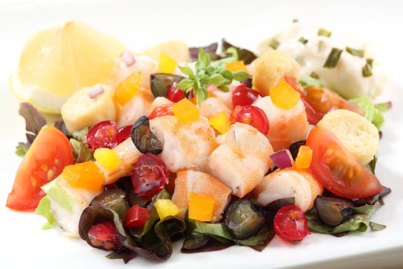 Verse en gezonde garnalensalade royalty-vrije stock foto Verse en gezonde garnalensalade royalty-vrije stock foto