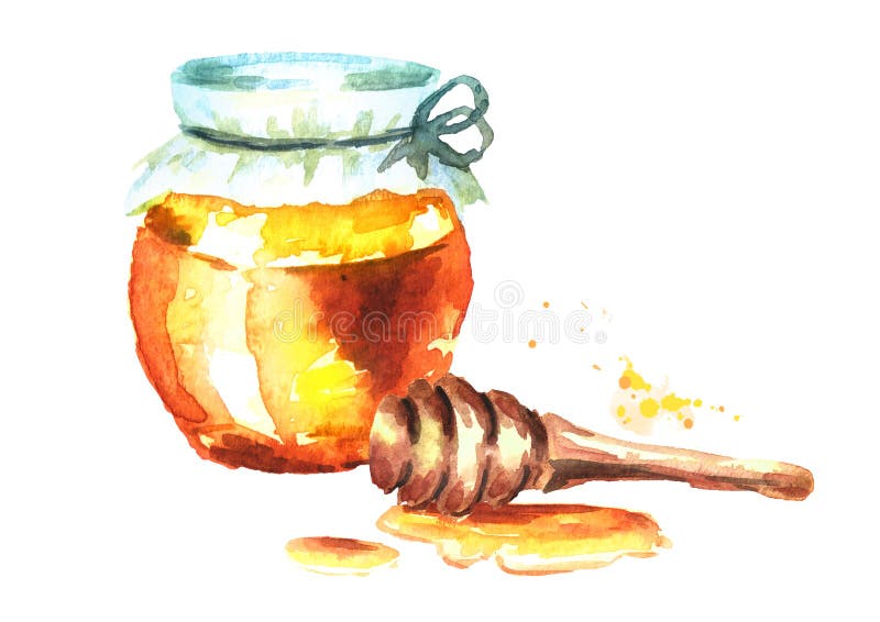 Verse honing in glas en honingsdipper Waterverfhand getrokken illustratie stock illustratie Verse honing in glas en honingsdipper Waterverfhand getrokken illustratie stock illustratie