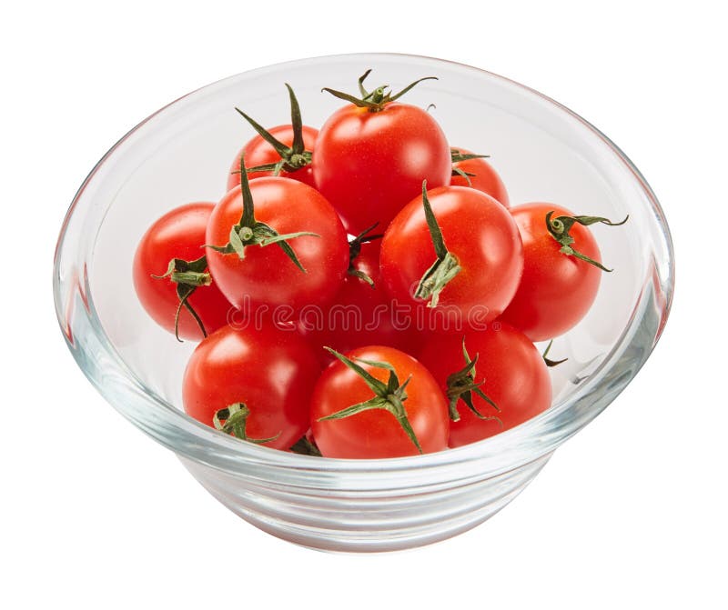 Verse rijpe die tomaten in glaskom op witte achtergrond met groen blad wordt geïsoleerd Ingrediënten voor het koken Hoogste menin stock afbeeldingen Verse rijpe die tomaten in glaskom op witte achtergrond met groen blad wordt geïsoleerd Ingrediënten voor het koken Hoogste menin stock afbeeldingen