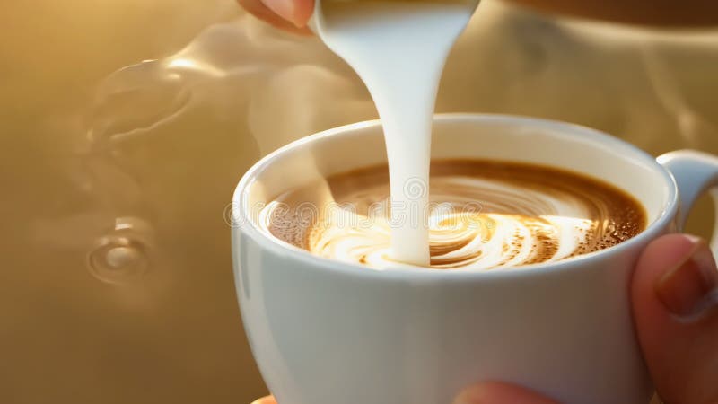 Verser du lait dans une tasse à café au lever du soleil illustration de vecteur