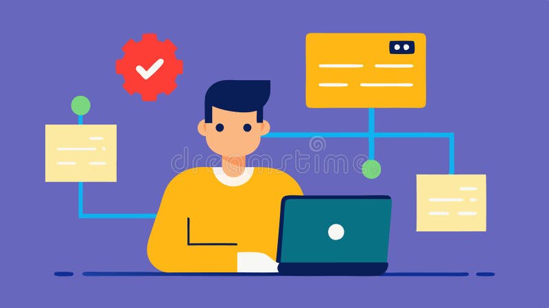 Version Control A developer using version control software on a computer with a graphical representation of branching royalty free illustration