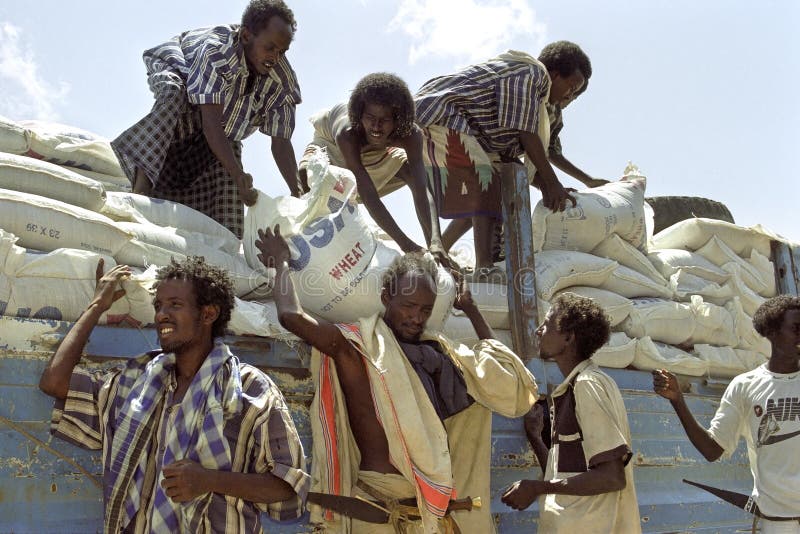 Ethiopia, Afar region: In Afar, an ethnic group of semi-nomadic livestock farmers, there is a threat of famine due to drought and massive death of their livestock. Employees and truck of the Red Cross, Comite International Geneve, deliver to a group Afar in the scorching heat of the Danakil Desert, a freight US wheat, food distribution, emergency aid. Red Cross staff and Afar men work peacefully together during the unloading of food, foodstuffs, USA wheat. People carrying, lugging, food supplies distributed by the Red Cross. Due to global warming and El Nino the region is plagued by persistent drought, droughts. Ethiopia, Afar region: In Afar, an ethnic group of semi-nomadic livestock farmers, there is a threat of famine due to drought and massive death of their livestock. Employees and truck of the Red Cross, Comite International Geneve, deliver to a group Afar in the scorching heat of the Danakil Desert, a freight US wheat, food distribution, emergency aid. Red Cross staff and Afar men work peacefully together during the unloading of food, foodstuffs, USA wheat. People carrying, lugging, food supplies distributed by the Red Cross. Due to global warming and El Nino the region is plagued by persistent drought, droughts.