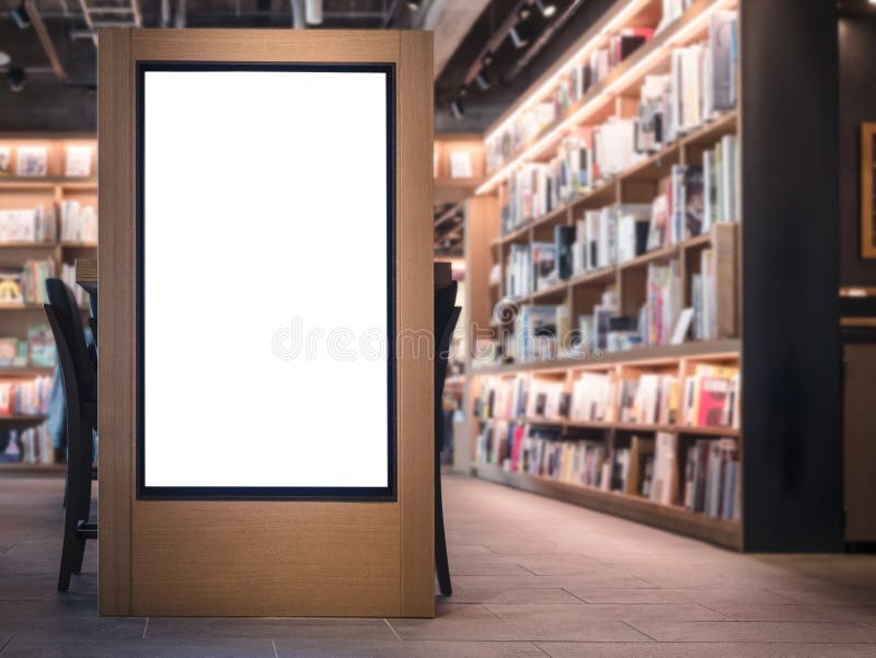 Verspotten Sie herauf Buchhandlungs-Innenraum Hintergrund Zeichen des Fahnenfreien raumes