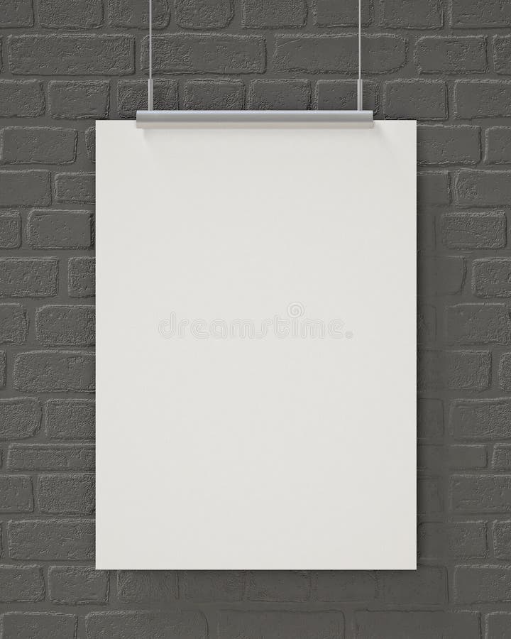 Verspotten Sie herauf das leere Plakat, das an der grauen Backsteinmauer, Hintergrund hängt stockbilder Verspotten Sie herauf das leere Plakat, das an der grauen Backsteinmauer, Hintergrund hängt stockbilder