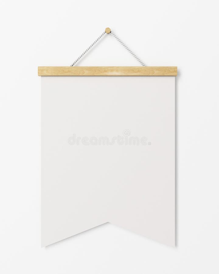 Verspotten Sie herauf leere Plakatflagge mit dem Holzrahmen, der an der weißen Wand, Hintergrund hängt stock abbildung