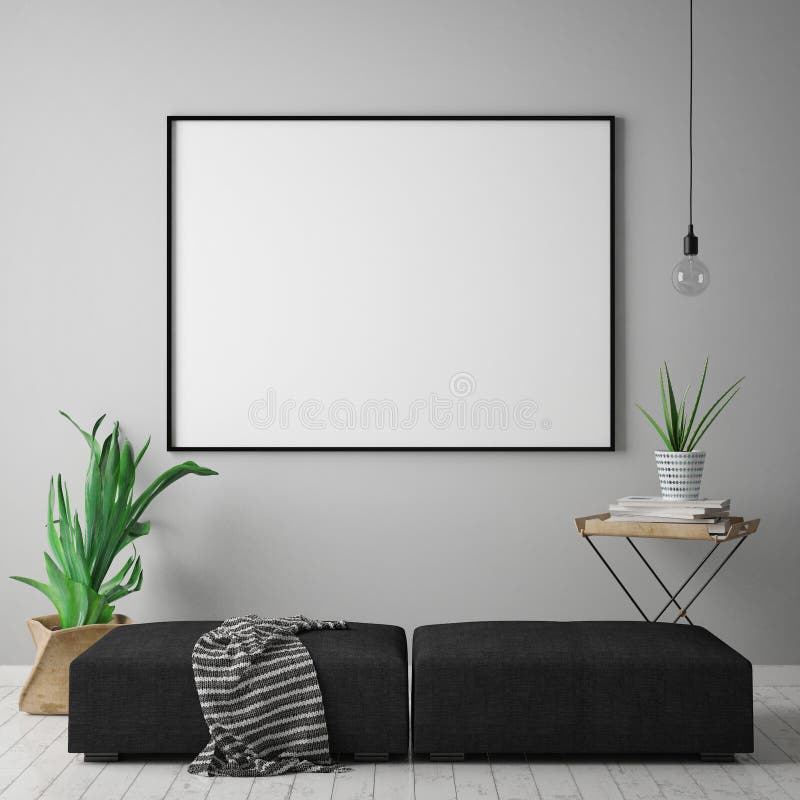 Verspotten Sie herauf leeres Plakat auf der Wand des Hippie-Wohnzimmers, skandinavische Art, Wiedergabe 3D, stock abbildung Verspotten Sie herauf leeres Plakat auf der Wand des Hippie-Wohnzimmers, skandinavische Art, Wiedergabe 3D, stock abbildung