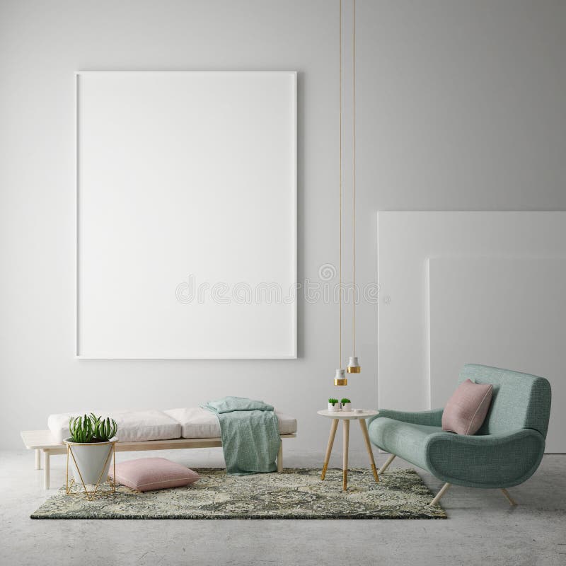 Verspotten Sie herauf leeres Plakat auf der Wand des Hippie-Wohnzimmers, Wiedergabe 3D, lizenzfreie abbildung Verspotten Sie herauf leeres Plakat auf der Wand des Hippie-Wohnzimmers, Wiedergabe 3D, lizenzfreie abbildung