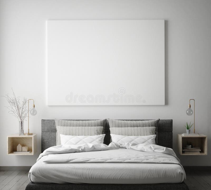 Verspotten Sie herauf Plakatrahmen im Hippie-Schlafzimmerinnenhintergrund, skandinavische Art, 3D übertragen stock abbildung Verspotten Sie herauf Plakatrahmen im Hippie-Schlafzimmerinnenhintergrund, skandinavische Art, 3D übertragen stock abbildung