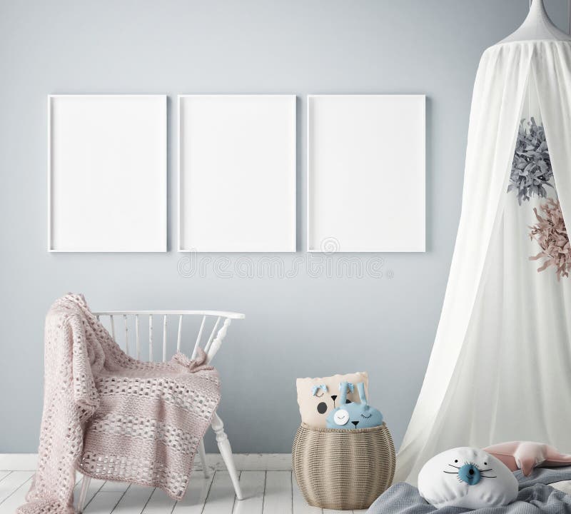 Verspotten Sie herauf Plakatrahmen im Kinderschlafzimmer, Innenhintergrund der skandinavischen Art, 3D übertragen lizenzfreie abbildung Verspotten Sie herauf Plakatrahmen im Kinderschlafzimmer, Innenhintergrund der skandinavischen Art, 3D übertragen lizenzfreie abbildung