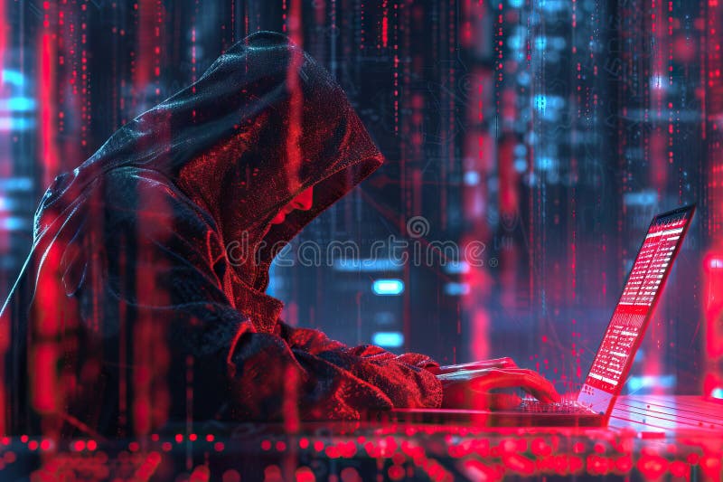 Versteckter Hacker arbeitet im Dunkeln, um Daten online zu stehlen. generative Hilfe lizenzfreie stockbilder