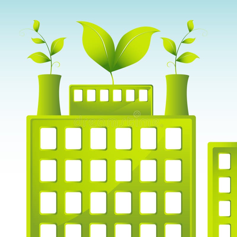 Building with green leaves representing company is energy conscious. Building with green leaves representing company is energy conscious.