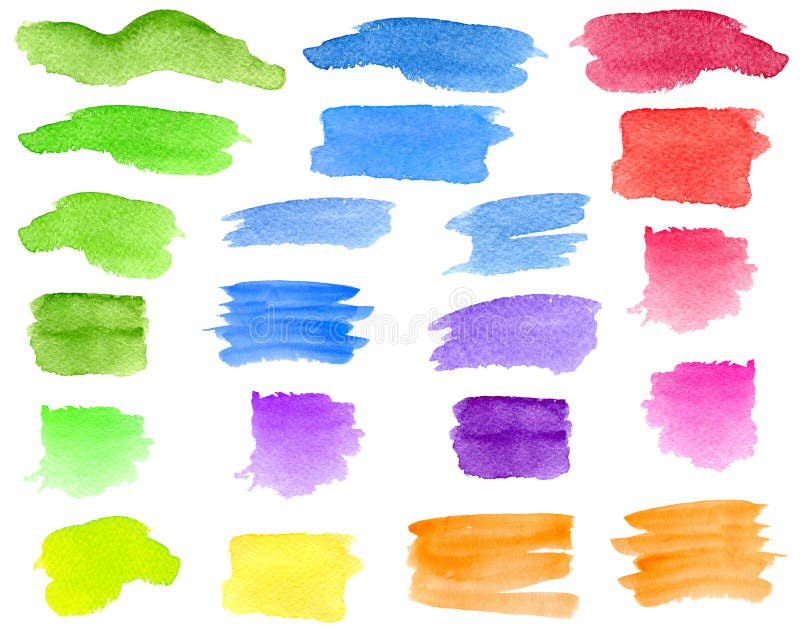 Watercolor green, blue, red, yellow brush strokes and smears set. Hand drawn colorful aquarelle stripes and blots isolated on white. Background for text or decoration design. Watercolor green, blue, red, yellow brush strokes and smears set. Hand drawn colorful aquarelle stripes and blots isolated on white. Background for text or decoration design