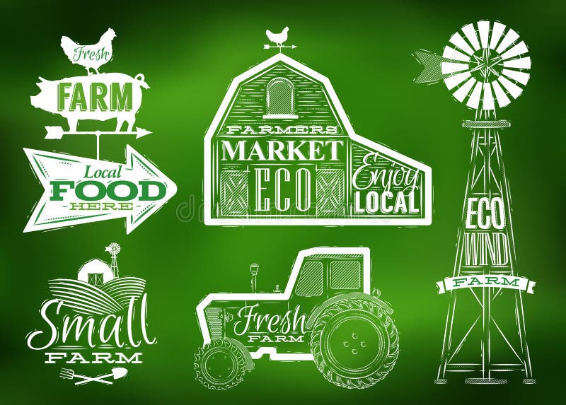 Farm characters in vintage style lettering in tractor barn and the mill and the sign field stylized drawing in green. Farm characters in vintage style lettering in tractor barn and the mill and the sign field stylized drawing in green.