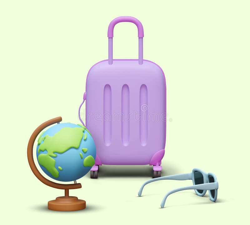 Vertical Advertising Travel Concept. Large Purple Suitcase, Globe ...