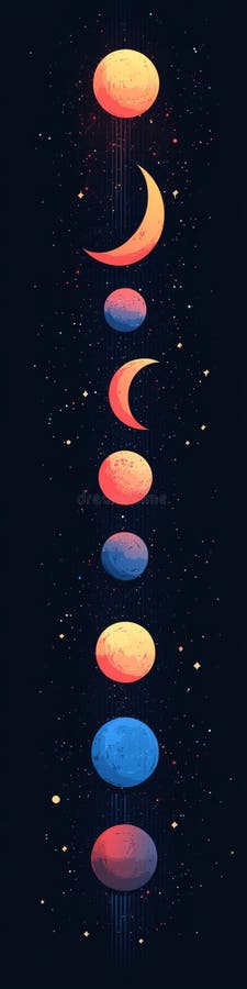 Exploration of celestial bodies in a vertical alignment showcasing planets and phases of the moon set against a dark royalty free stock images