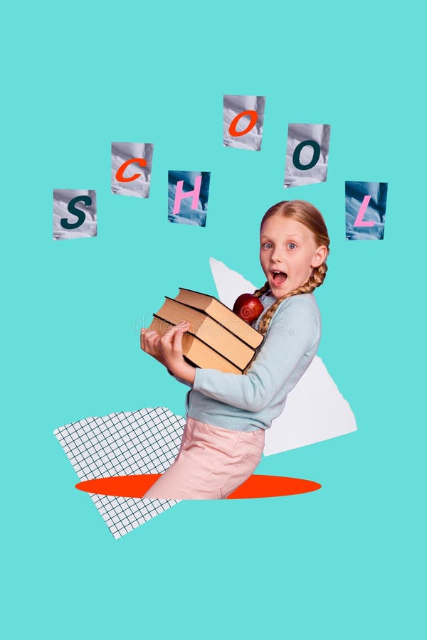 Vertical artwork trend collage of excited schoolgirl carry book stack education concept apple fruit back to school study stock photography