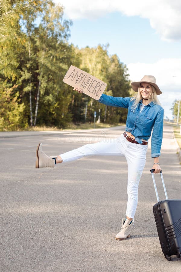 Vertical Begging Funny Smiling Blond Woman Autostop Hitchhiking By