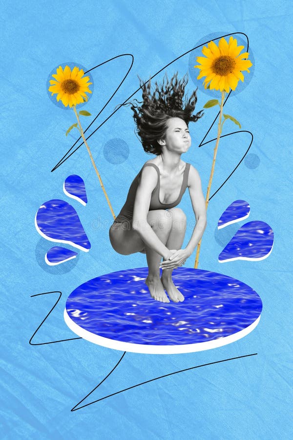 Vertical blue color collage artwork image picture of brave confident girl diving water hurry save life isolated painting stock image