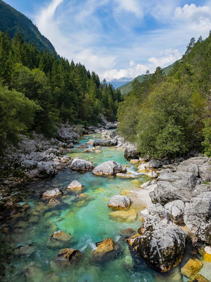 VERTICAL: Breathtaking Turquoise Colored River Courses through the Lush ...