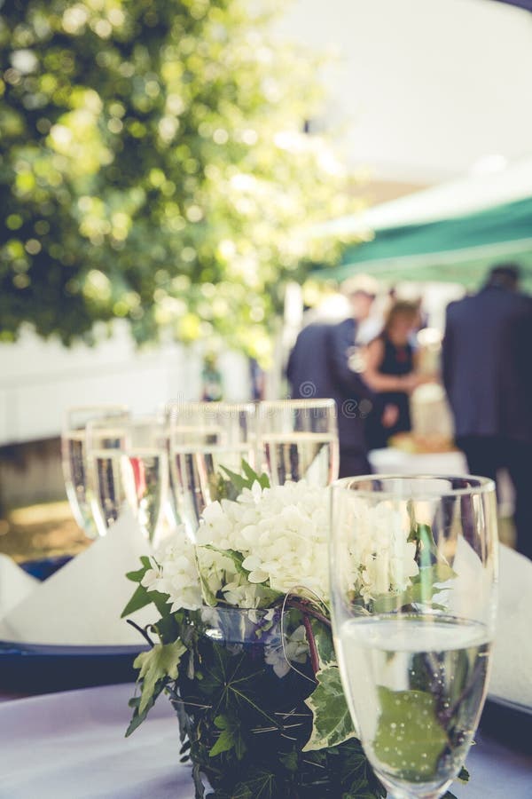 Vertical close shot of wine glasses near the plant on the table with a blurred background royalty free stock images Vertical close shot of wine glasses near the plant on the table with a blurred background royalty free stock images
