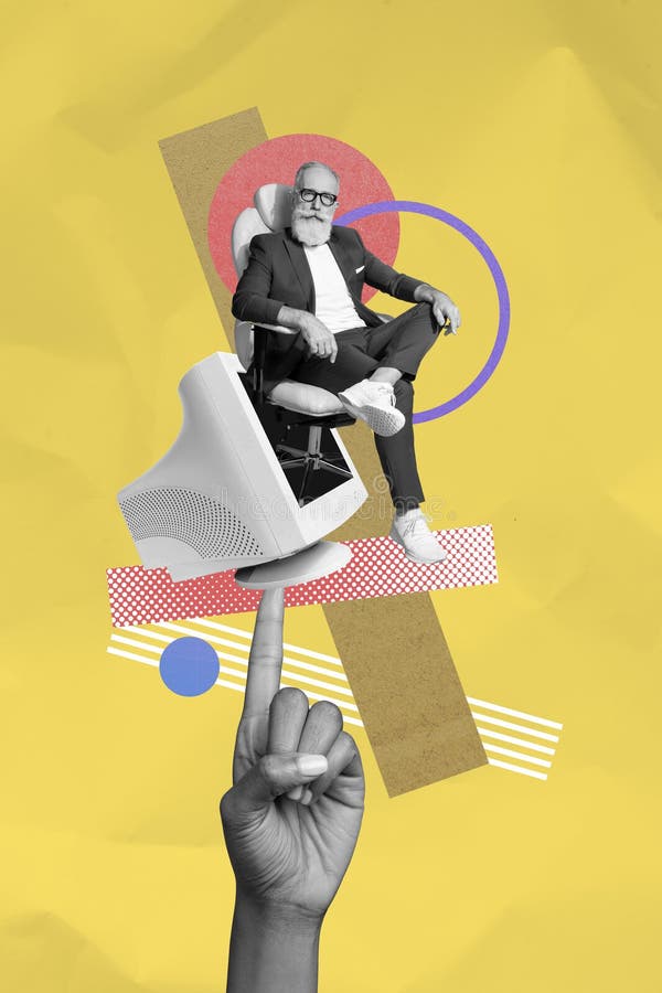Vertical collage artwork graphics picture of cool confident guy sitting inside retro screen isolated painting background royalty free illustration