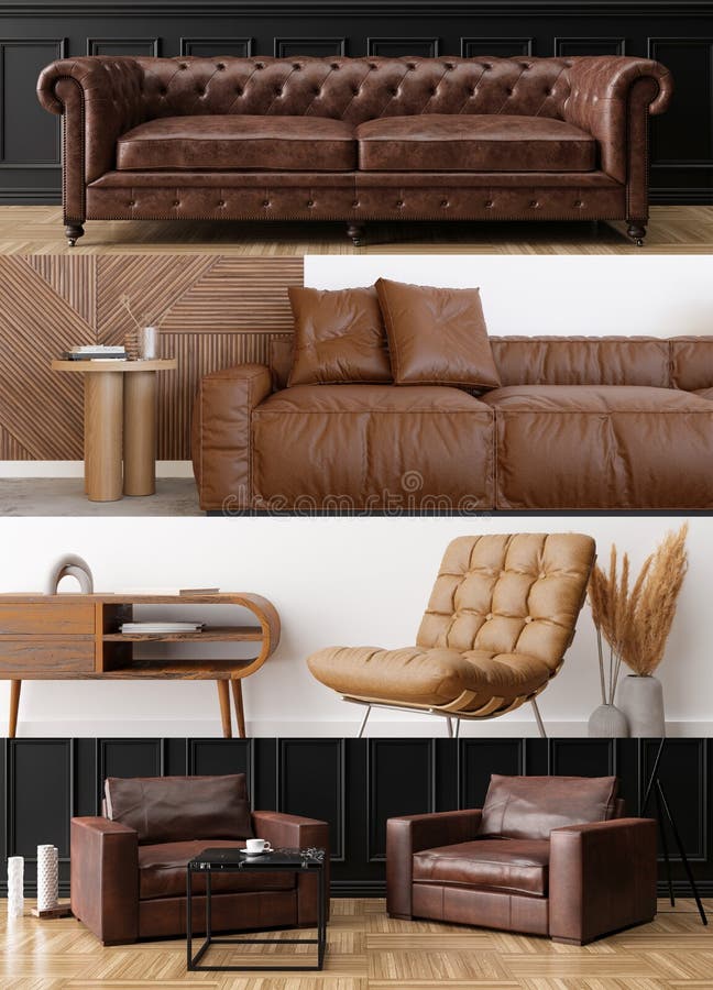 Vertical Collage with Brown Leather Sofas and Armchairs in Contemporary ...