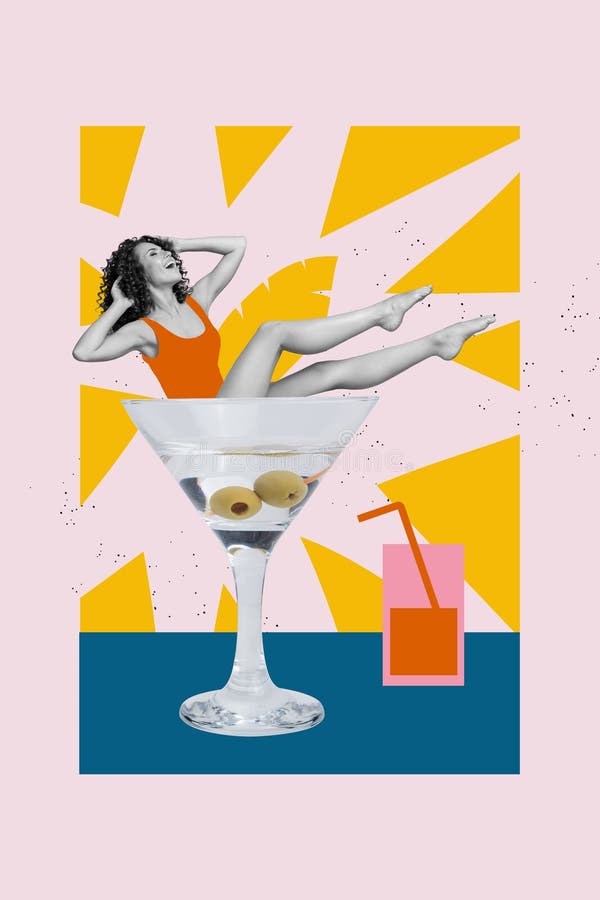 Vertical collage image of mini excited girl black white colors inside cocktail glass isolated on painted background stock photos