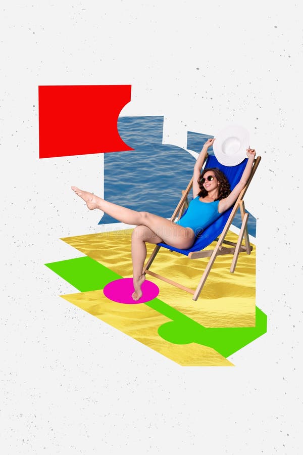 Vertical collage image of positive carefree girl enjoy sunbathing lounger hold hat sand beach water isolated on creative stock photography