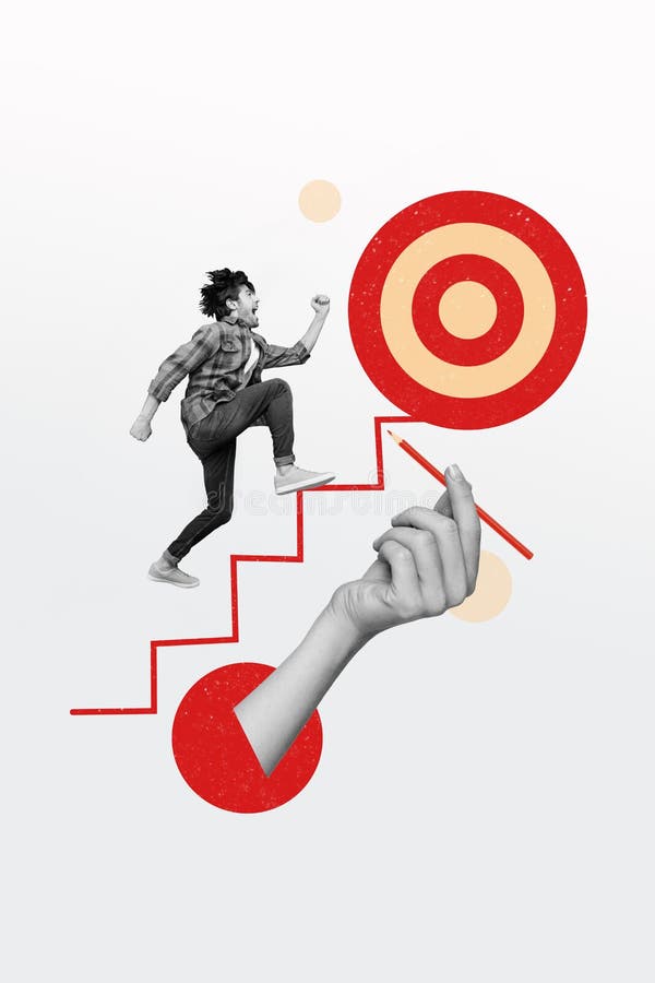 Vertical collage image of running person black white gamma large hand drawing target stairs up stock photo