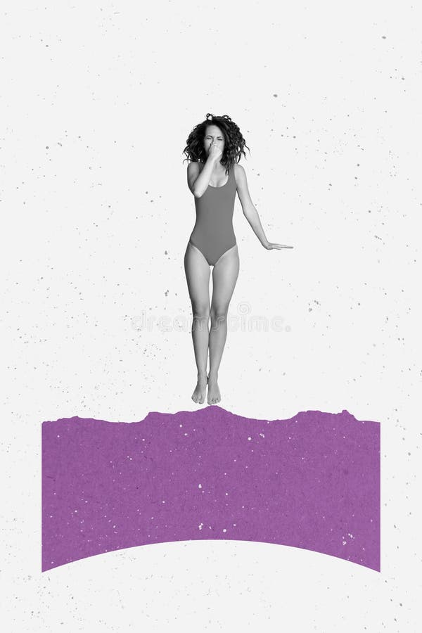 Vertical collage picture of black white gamma girl arm hold cover nose jump diving isolated on painted background royalty free stock images