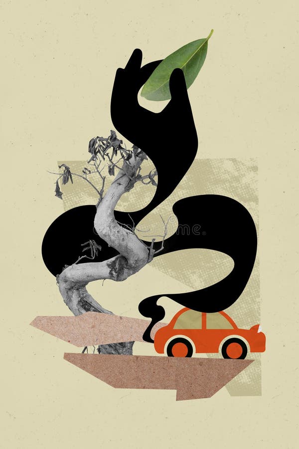 Vertical collage picture car engine toxic exhaust air pollution dead tree pick green leaf nature catastrophe ecology problem.