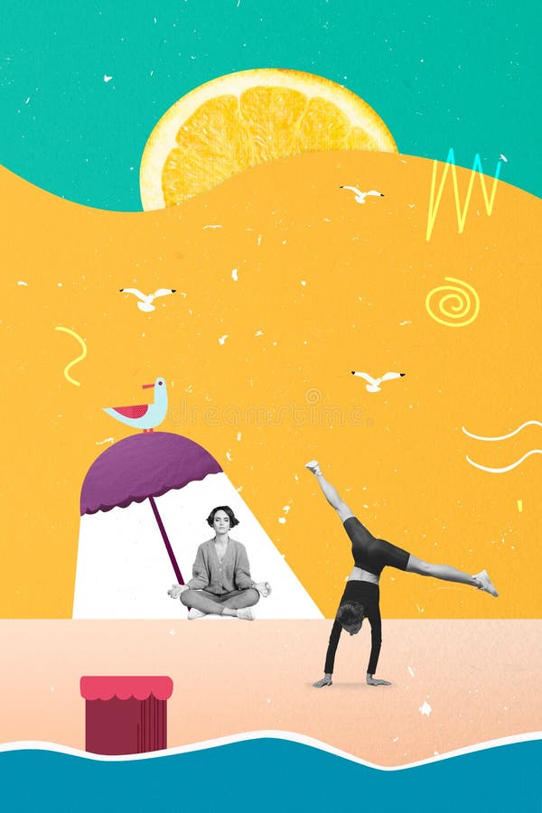 Vertical collage picture of two people black white effect practice exercise yoga drawing world flying birds orange slice