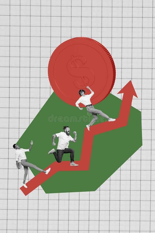 Vertical collage of three colleagues running climbing arrow direction up target competition for promotion isolated on royalty free illustration