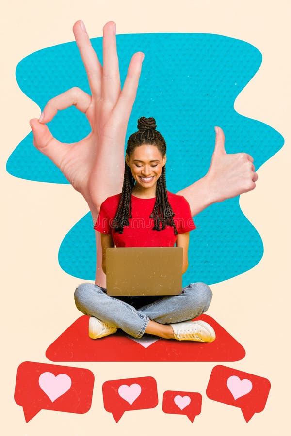 Vertical creative collage image of positive woman sitting laptop successful successful algorithm quality virtual okey stock illustration