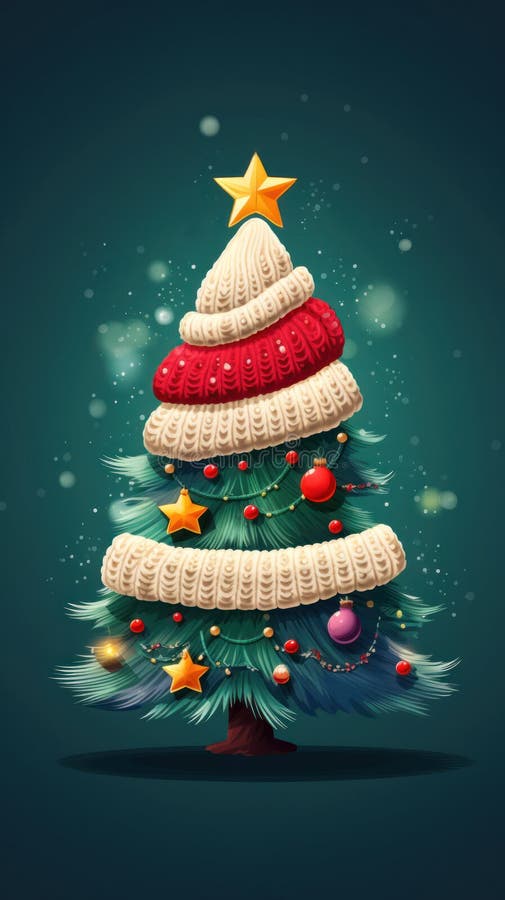 Vertical creative 3D knitted Christmas tree made of threads, decorated with balls and toys on a plain background with royalty free illustration