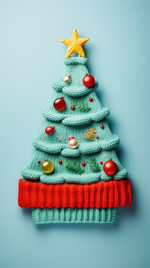 Vertical creative 3D knitted Christmas tree made of threads, decorated with balls and toys on a plain background with vector illustration