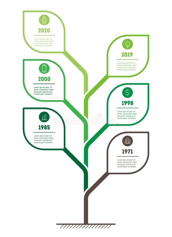 Vertical eco Business presentation concept with 6 options. Template of tree, info chart or diagram. Green Infographic of technology or education process with six points. History timeline vertical vectors