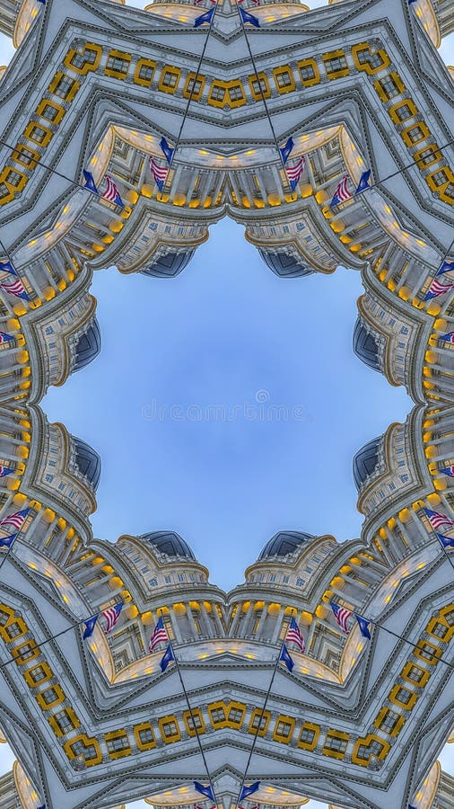 Vertical frame Fractal design circular star with capital building. Geometric kaleidoscope pattern on mirrored axis of symmetry reflection. Colorful shapes as a stock photography Vertical frame Fractal design circular star with capital building. Geometric kaleidoscope pattern on mirrored axis of symmetry reflection. Colorful shapes as a stock photography