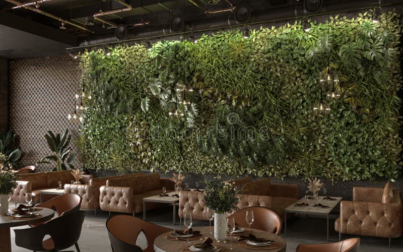 Vertical Green Wall in Modern Interior Design, 3d Render Stock Illustration Illustration of