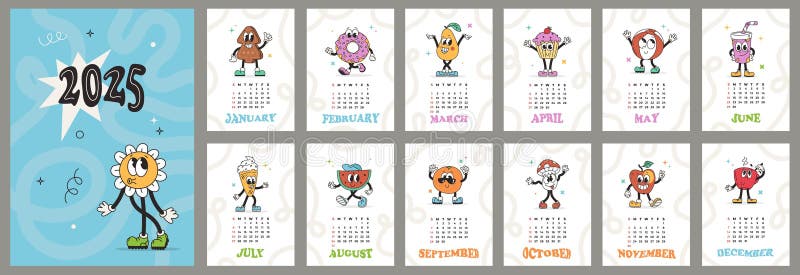Vertical Groovy Calendar 2025 Design Funny Retro Characters Week Vertical Groovy Calendar 2025 Design Funny Retro Characters Week