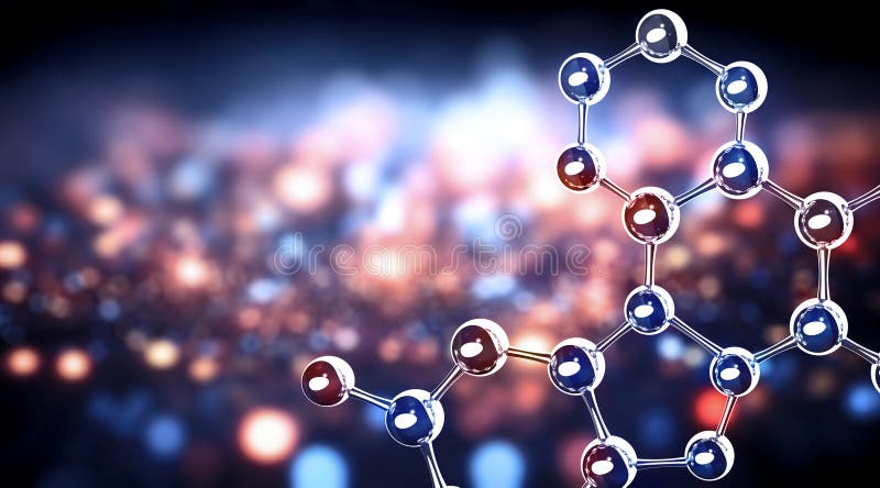 Vertical or horizontal banner with model of abstract molecular structure. Background of blue color with glass atom model. Copy vector illustration