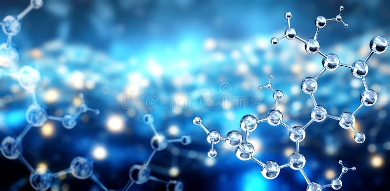 Vertical or horizontal banner with model of abstract molecular structure. Background of blue color with glass atom model. Copy royalty free illustration